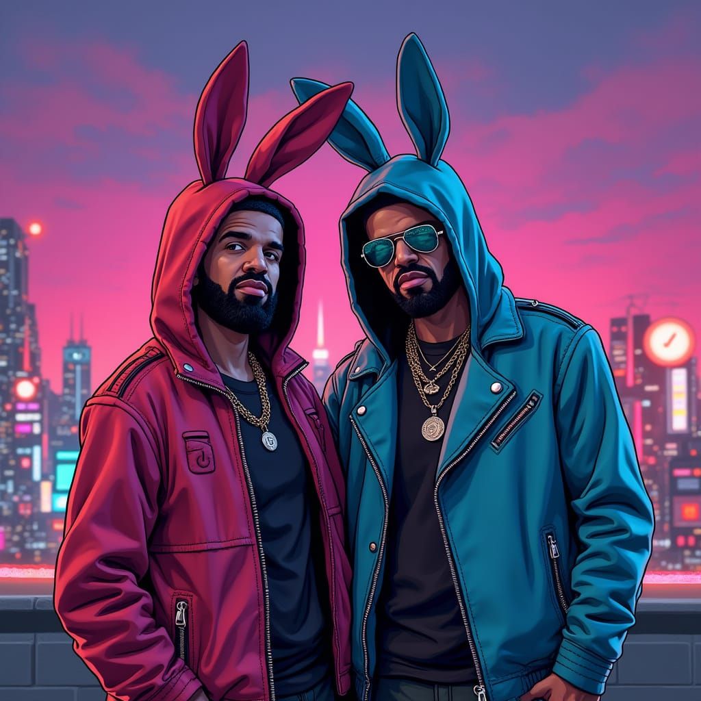 Drake and Bad Bunny in Synthwave Comic Art