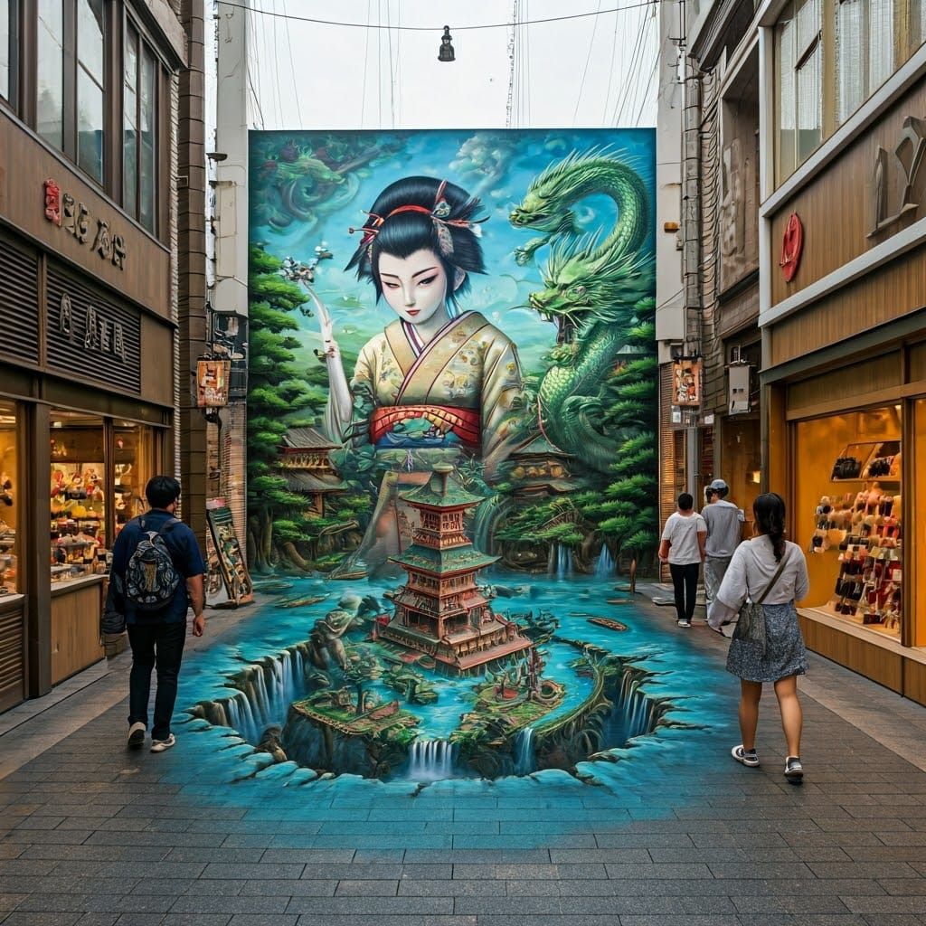 Geisha Dragon Battle: Optical Illusion Street Art