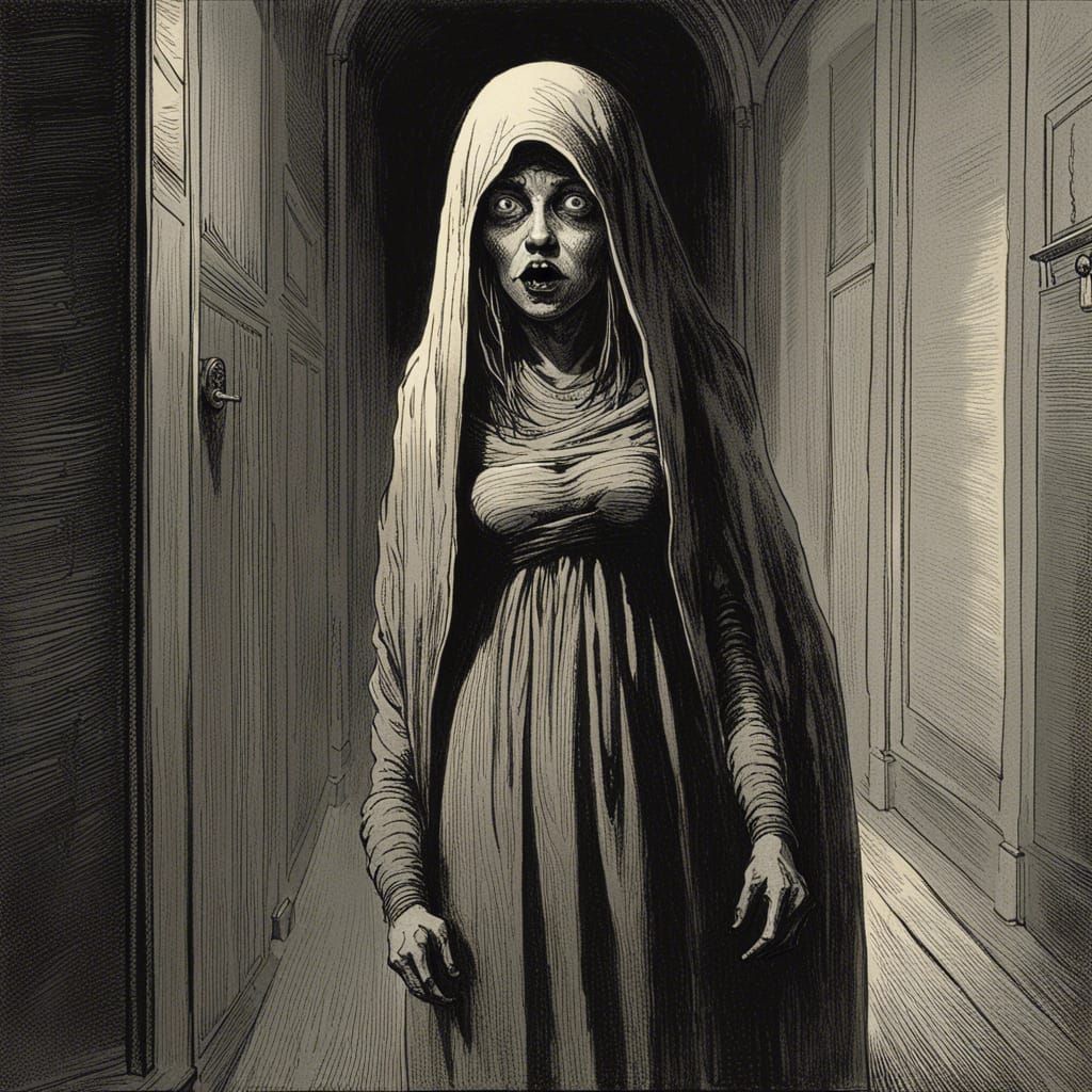 Eerie Woman in Hallway: A Horror Scene