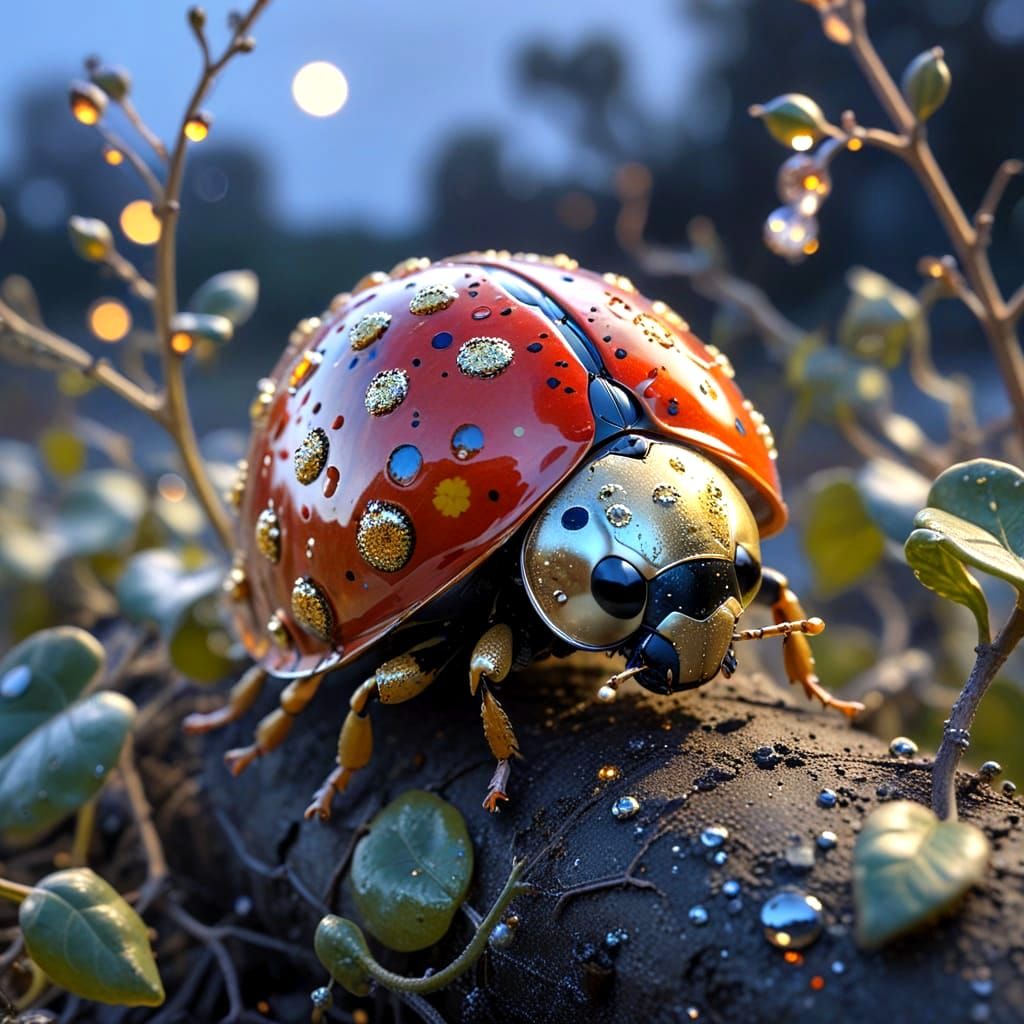 Surreal Ladybug with Gold Polka Dots in Twilight