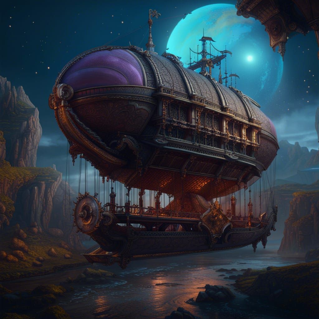Baroque Airship Over Dying Earth: Detailed Matte Painting