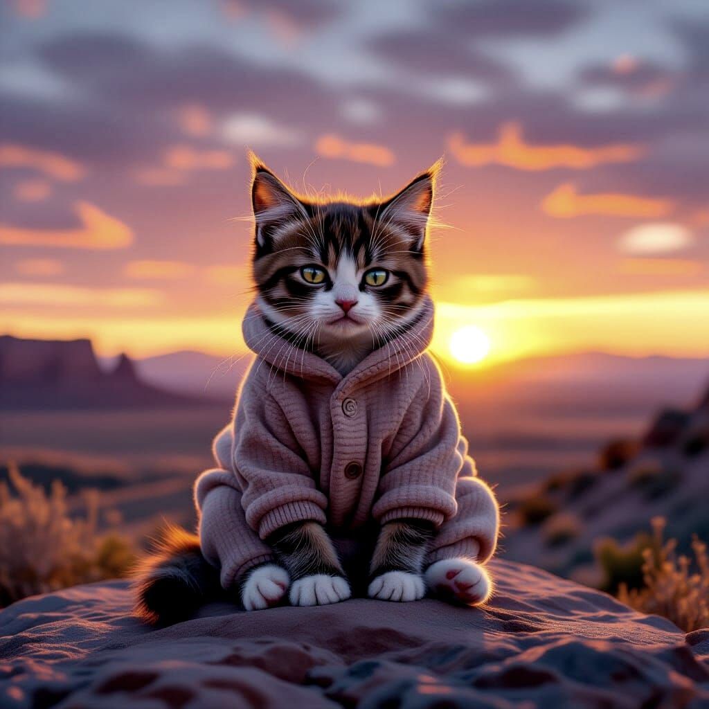 Grumpy Kitten at Sunset in Desert Landscape