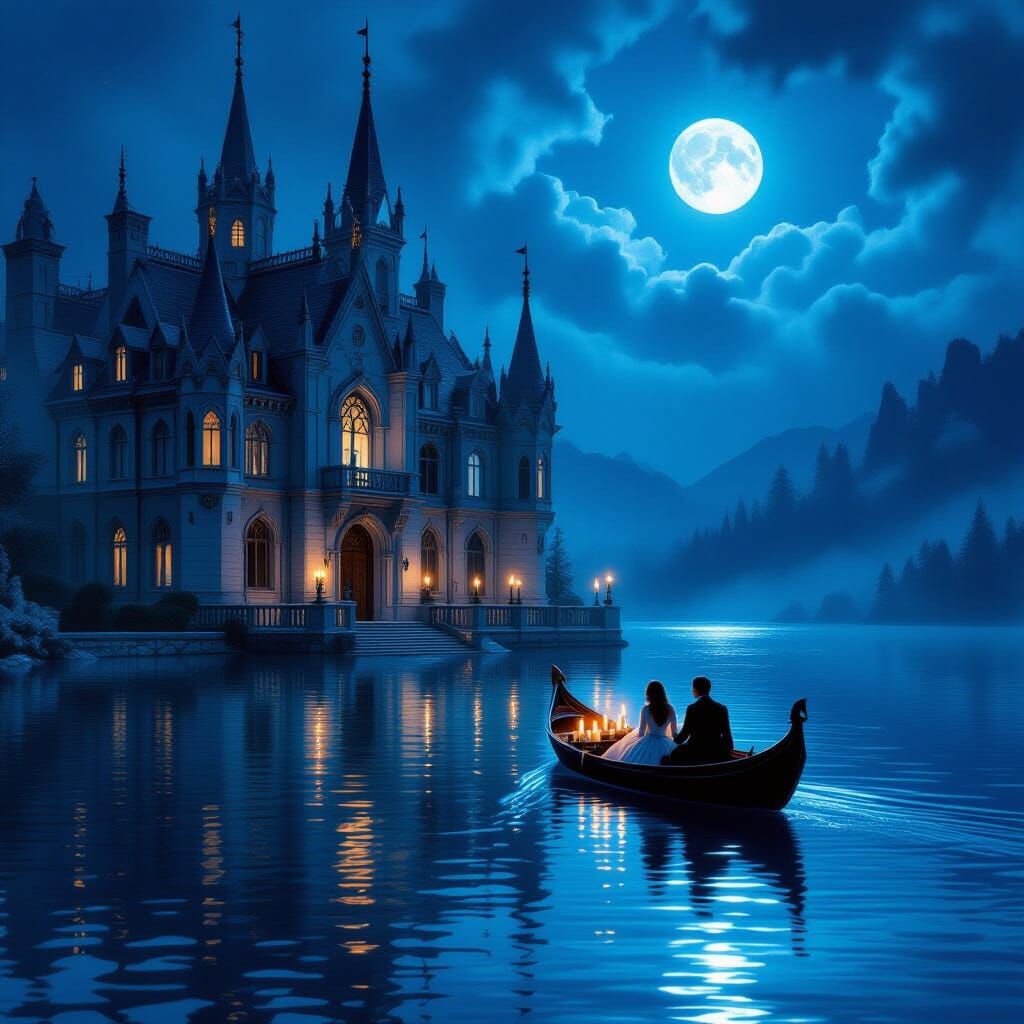 Gothic Palace on Glowing Lake at Midnight
