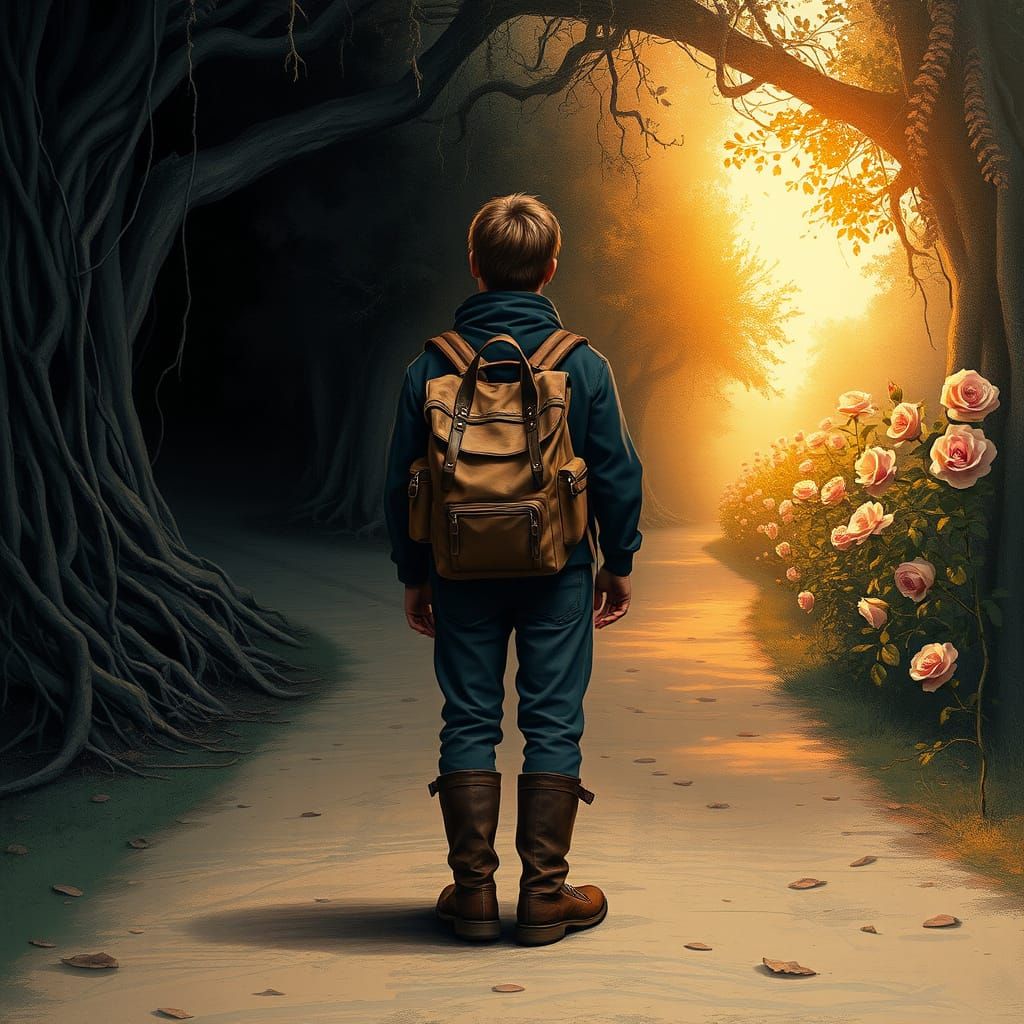 Mystical Landscape with Golden Light and Blooming Roses