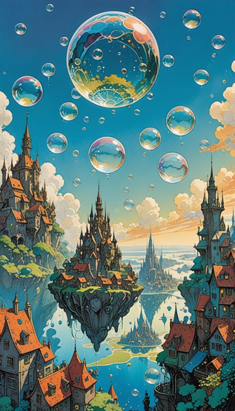 Dreamscape City with Floating Glass Bubbles