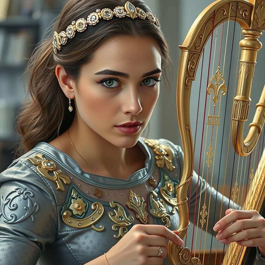 Woman Plays Harp in Professional Portrait Photography