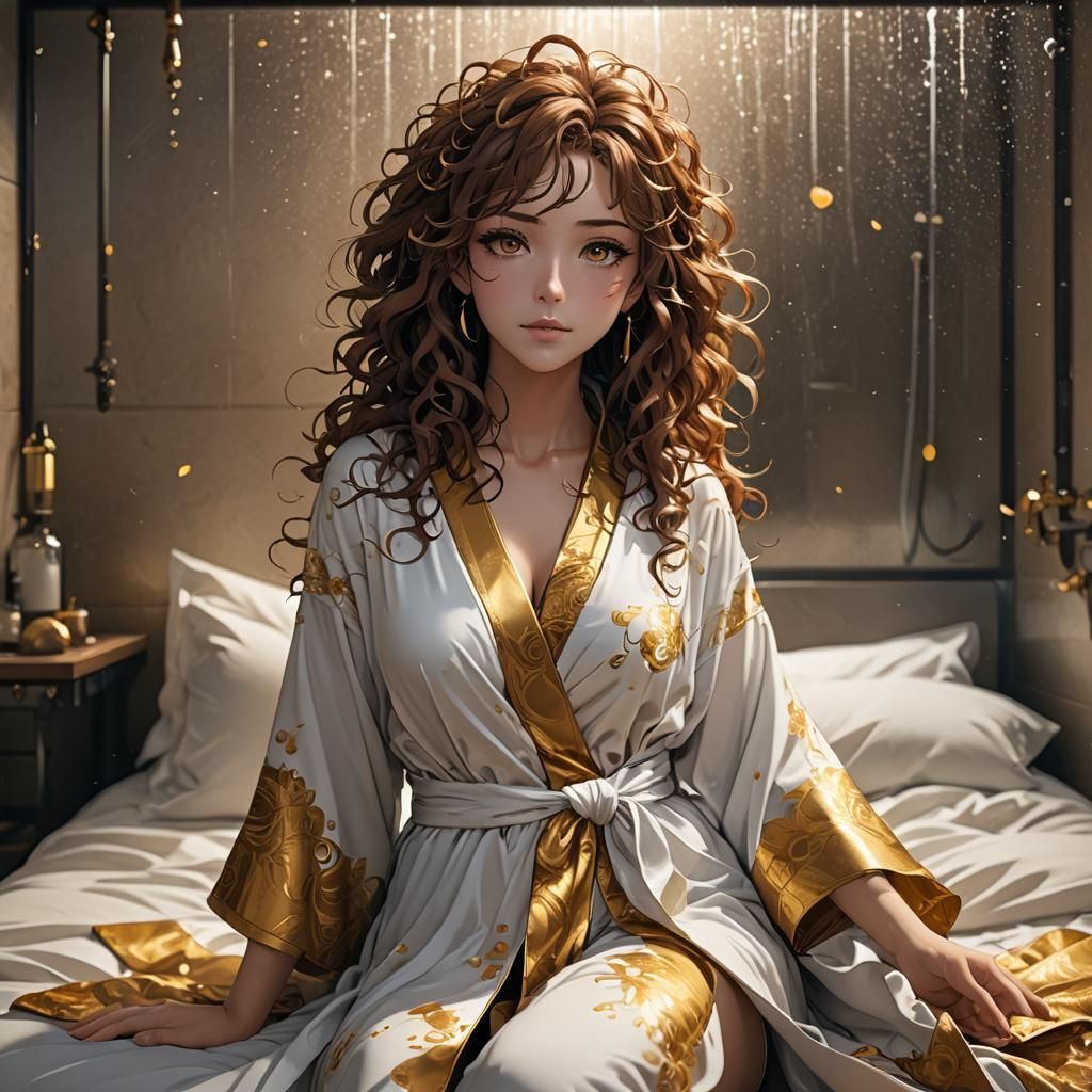Anime Girl in Shower Robe, Detailed Matte Painting