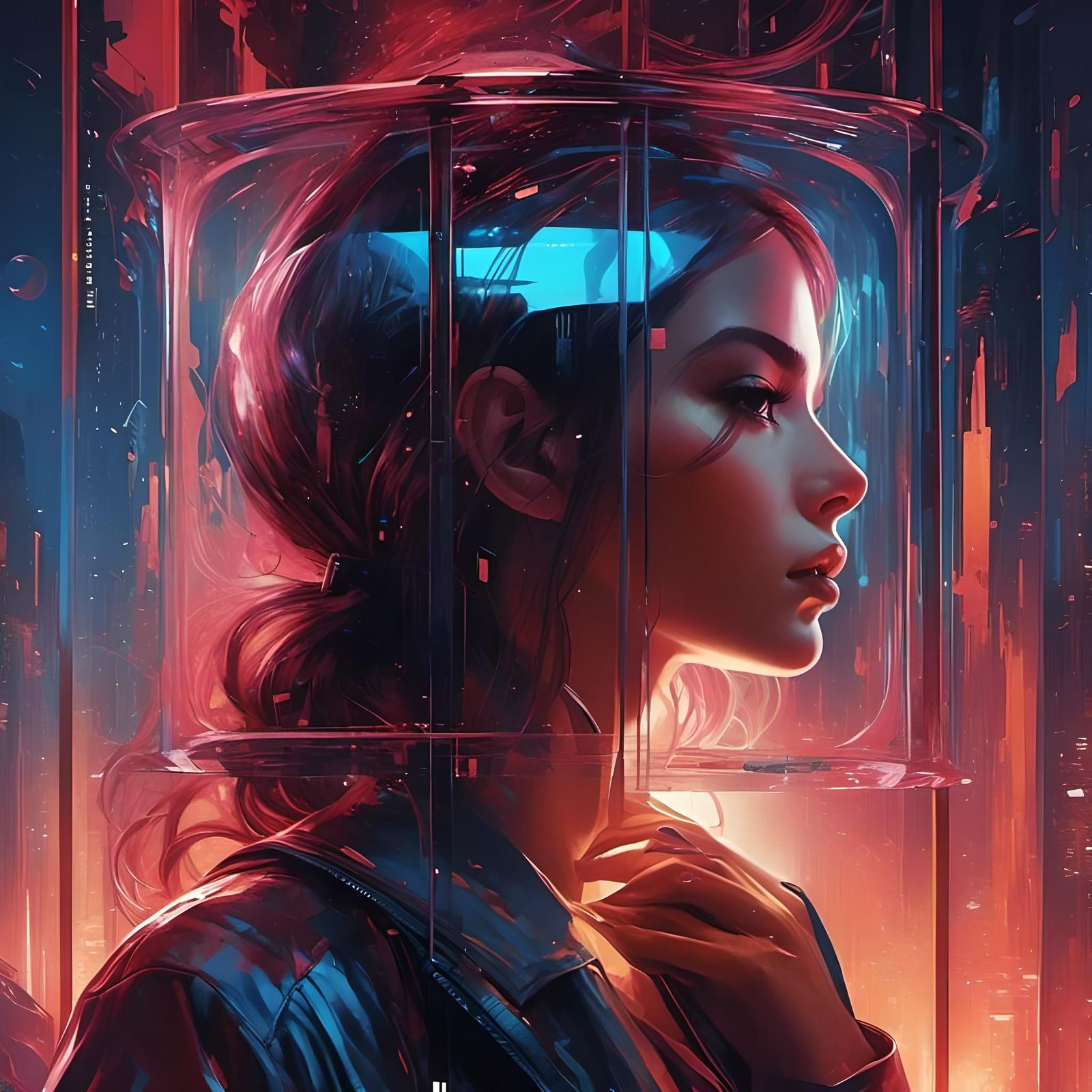 Glitchcore Woman Silhouette Behind Broken Glass