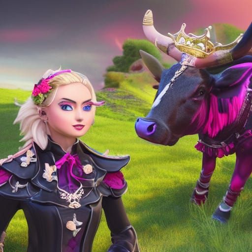 Regal Fantasy Queen in Whimsical Attire with Cow Ears