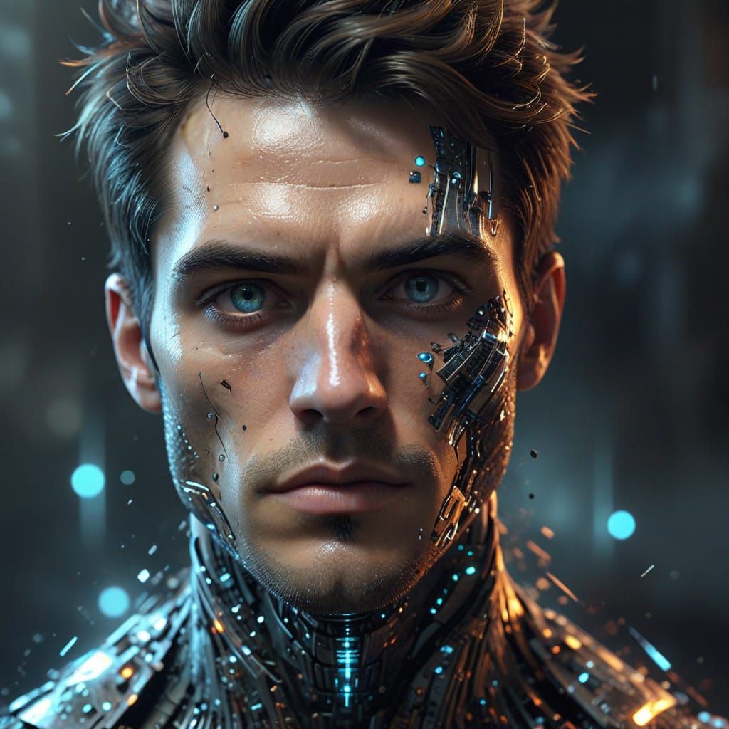 Glitching Handsome Man Portrait in Futuristic Style