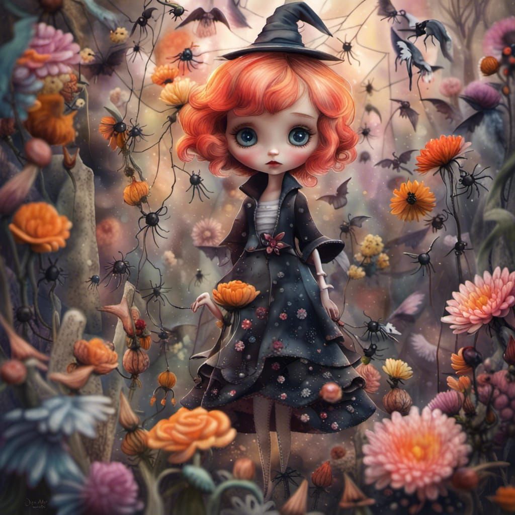 Watercolor Witch Doll with Bats and Spiders