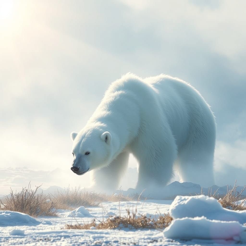 Ethereal Ice Bear Emerges from Mystical Mist in Soft Focus
