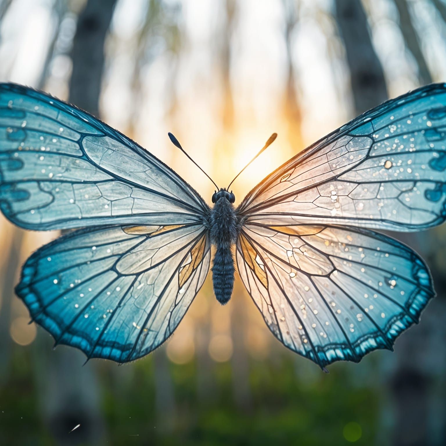 Blue-Winged Butterfly in Misty Birch Grove