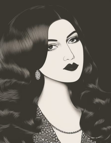 Monochromatic Ink Drawing of Woman with Flowing Blouse
