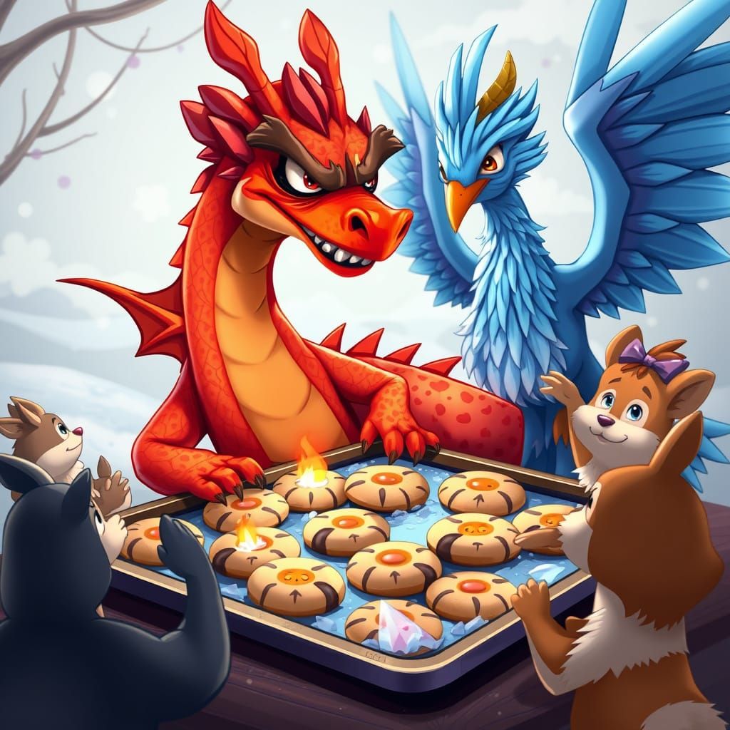 Whimsical Cartoon Illustration of Lava Dragon and Ice Phoeni...