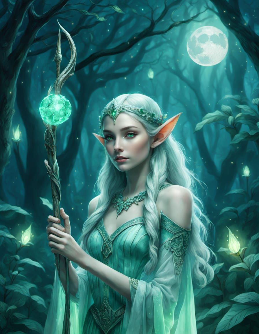 Enchanting Elf Woman in Moonlit Glade: High Fantasy Art