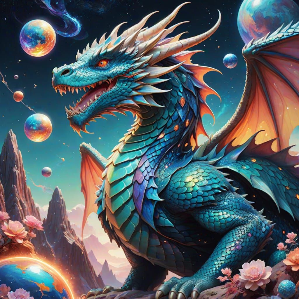 Dragon Soars Through Cosmic Landscape in Vibrant Pastel Hues