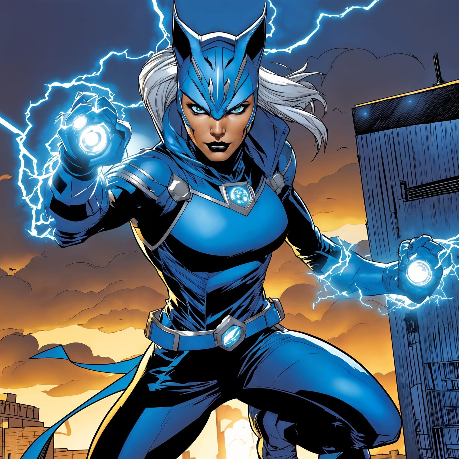Electric Lynx Supervillain on Rooftop in Comic Book Style