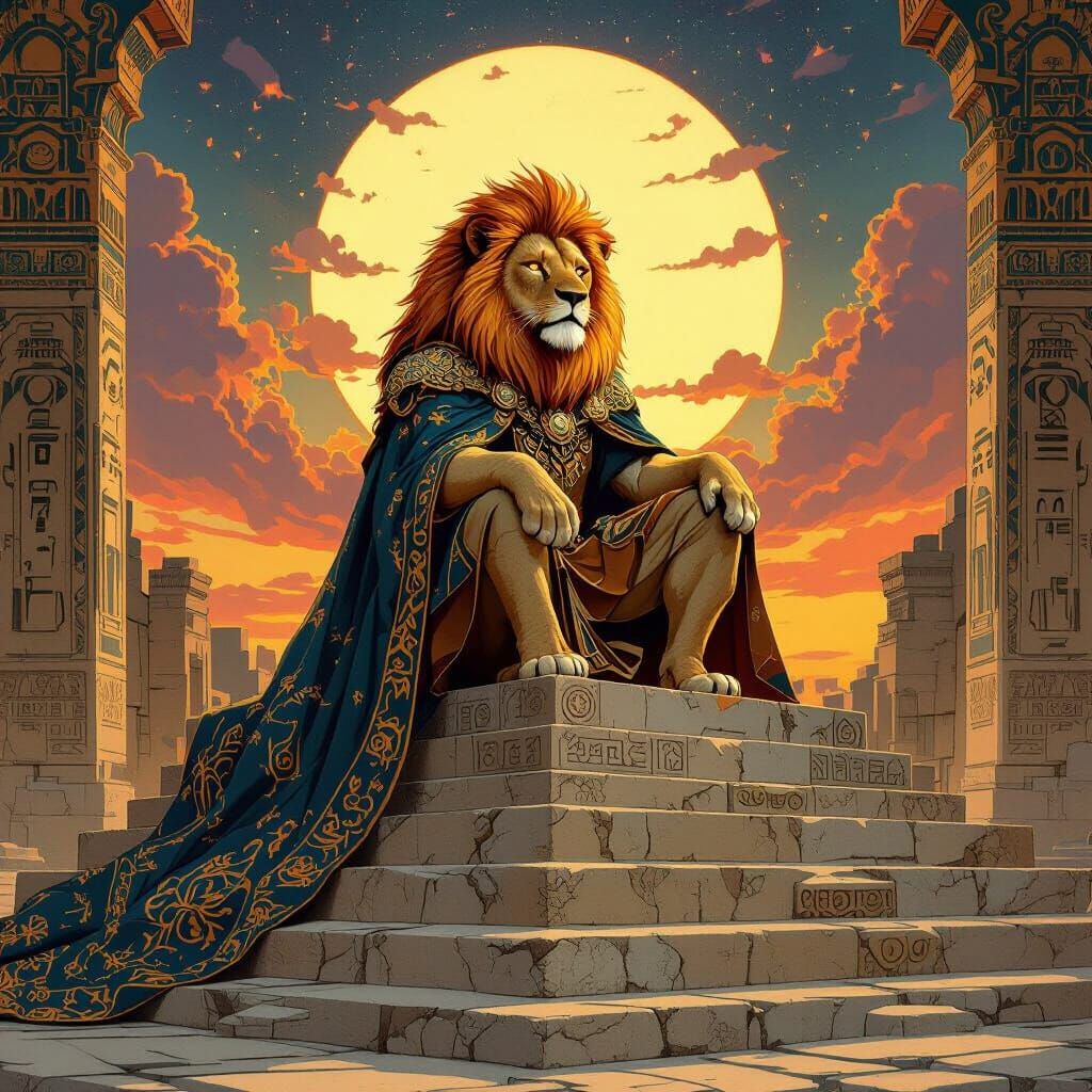 Lion King on Ziggurat in Cosmic Surrealism Style
