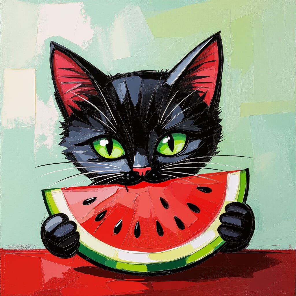 Impasto Painting of Black Cat with Watermelon