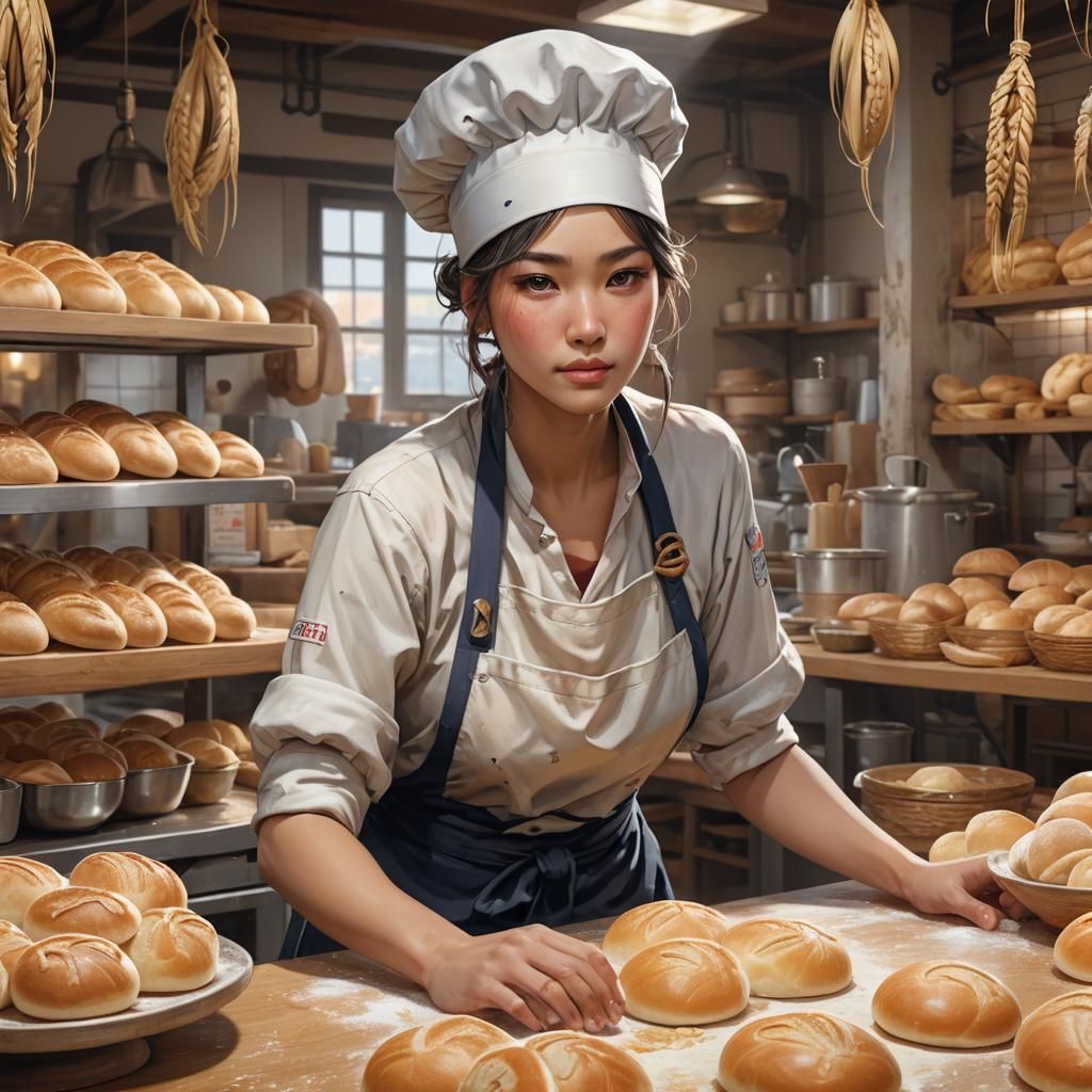 Japanese Baker Kneading Dough in Hyperdetailed Portrait