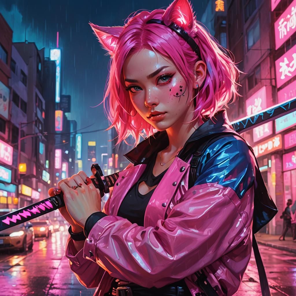Anime Girl with Katana in Neon Cityscape