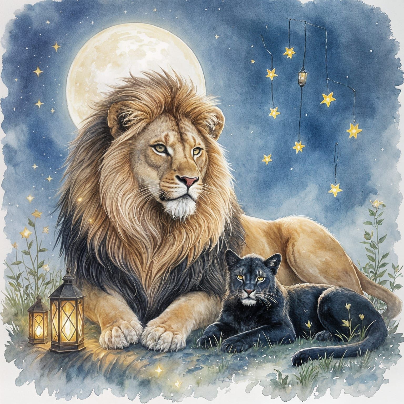 Fairytale Lion and Puma in Watercolor