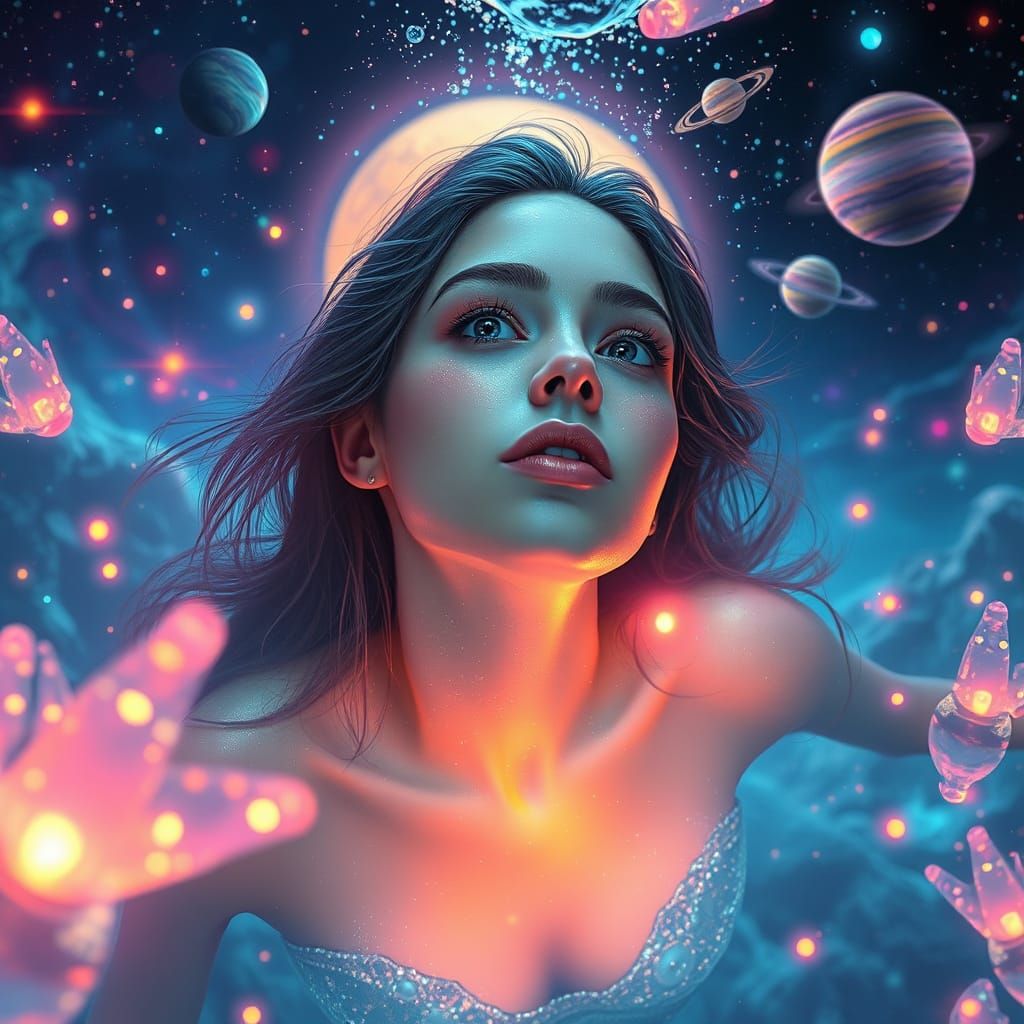 Surreal Cosmic Goddess in Neon-Lit Dreamscape
