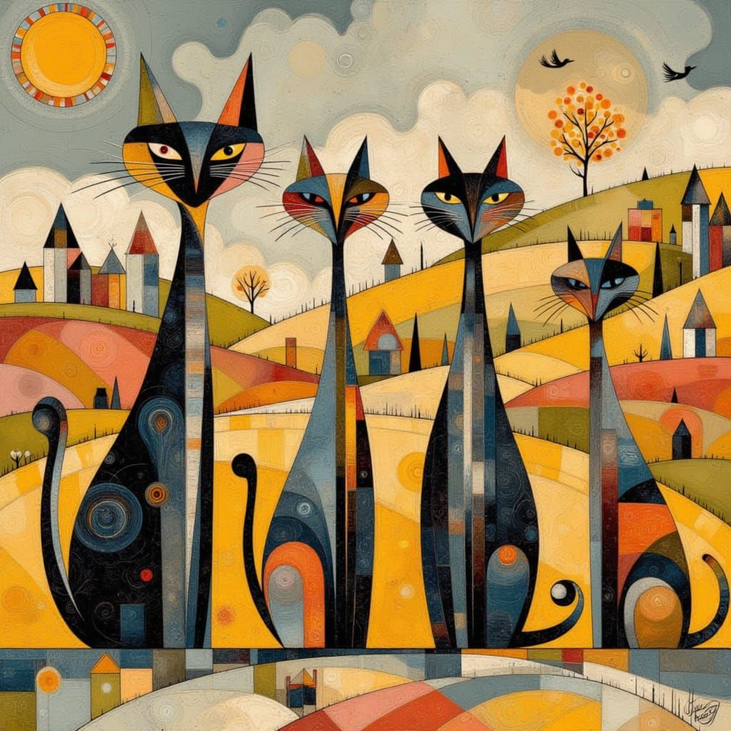 Whimsical Cat Tribe Gathering in a Textured Environment