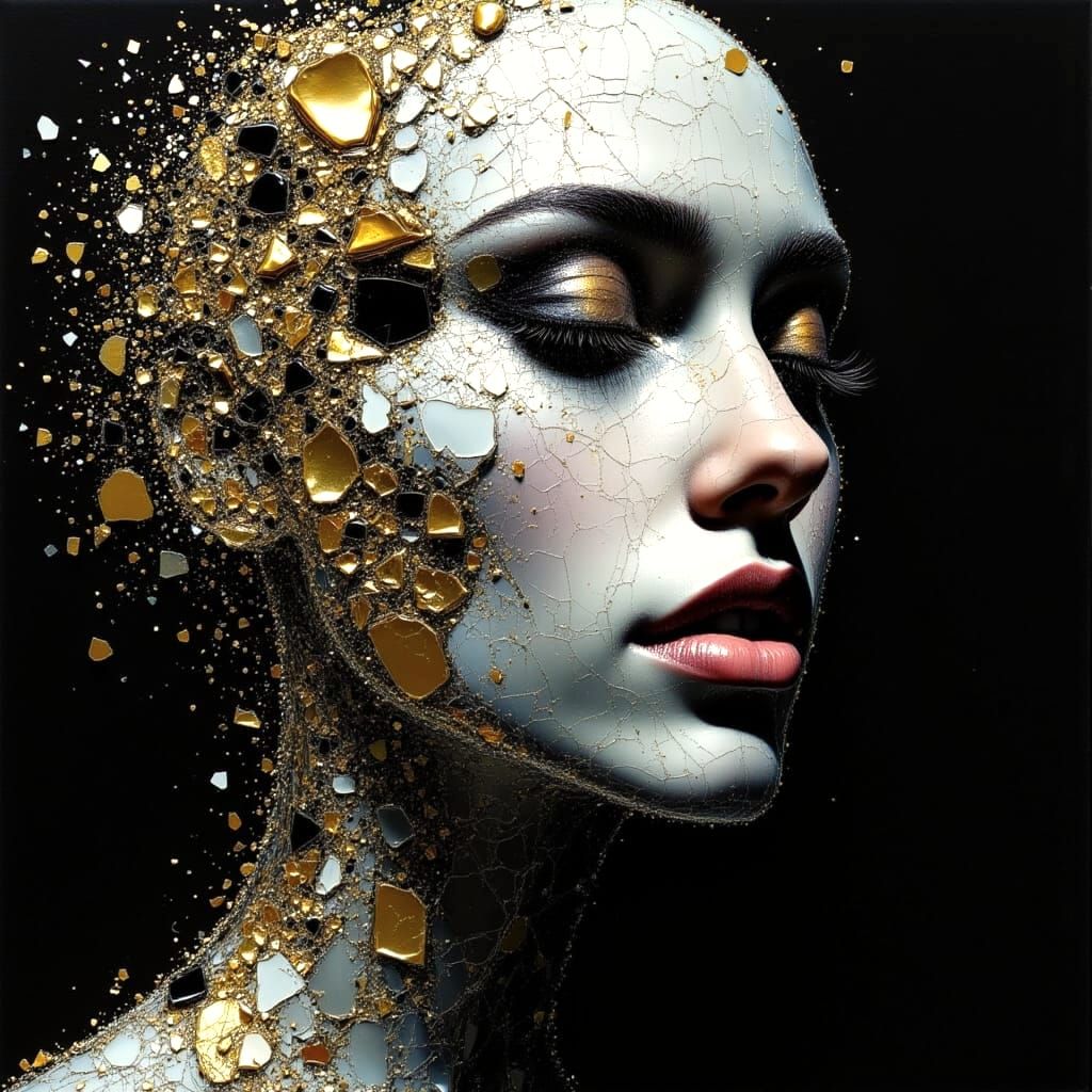 Surreal Woman Portrait in Gold, Black & White