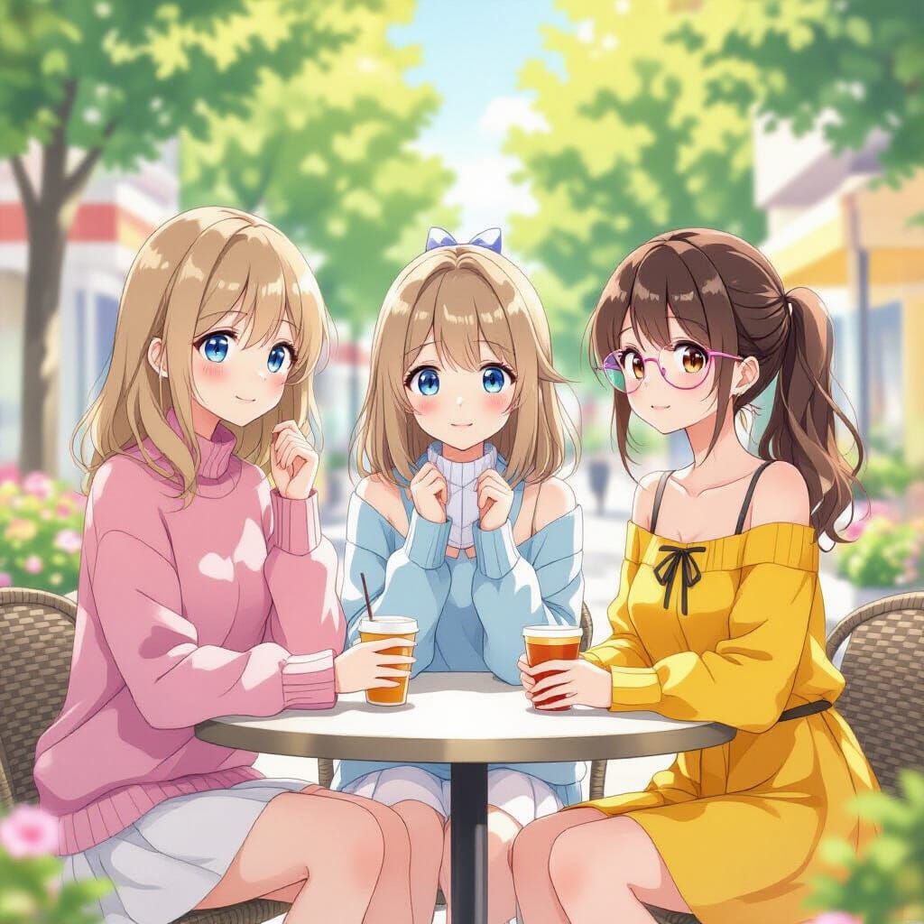 Anime Girls in Whimsical Style with Friends