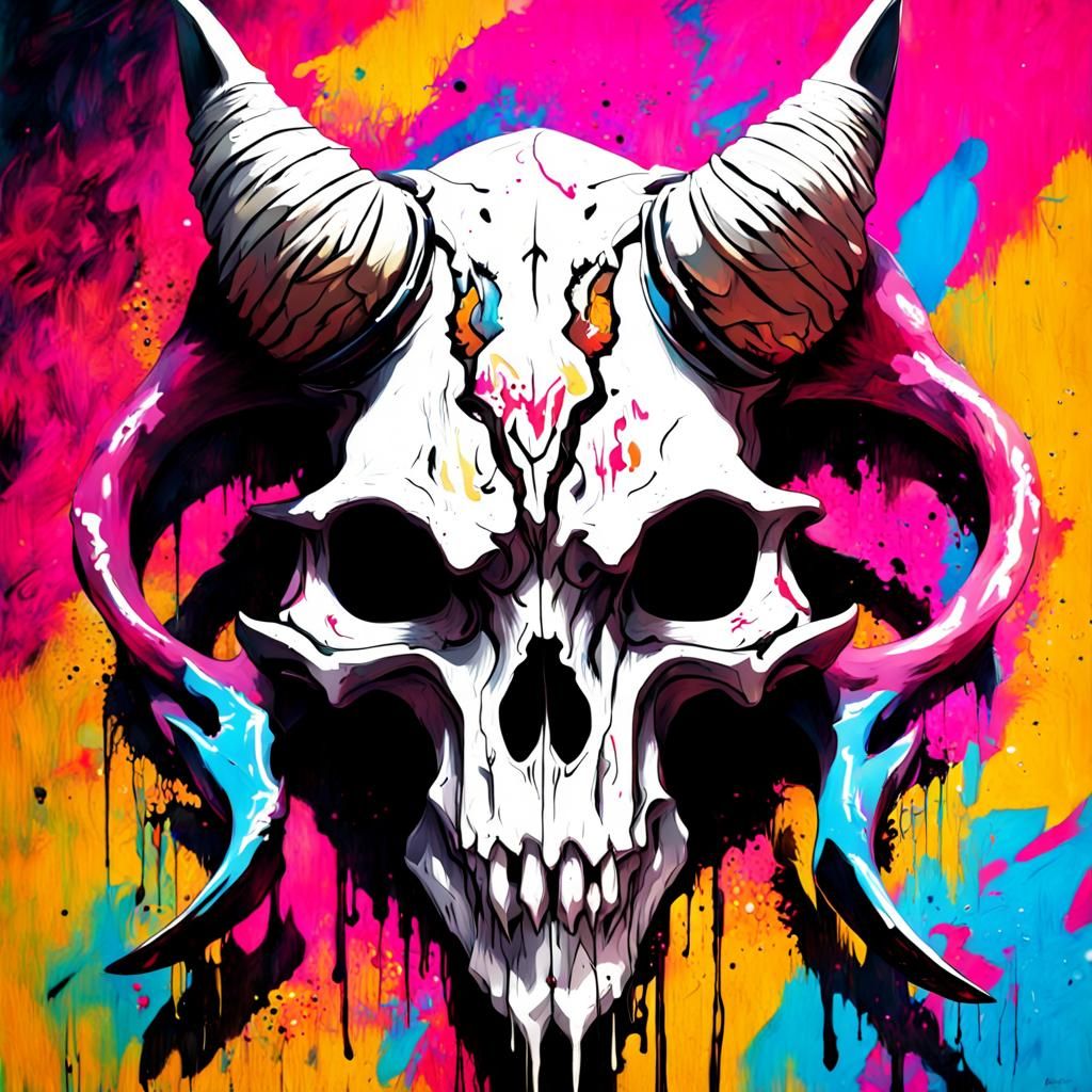 Wolf Skull with Horns in Graffiti Art Style