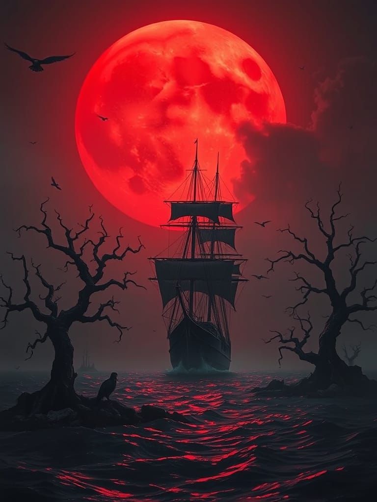 Tall Ship Under Red Moon in Dark Surrealism