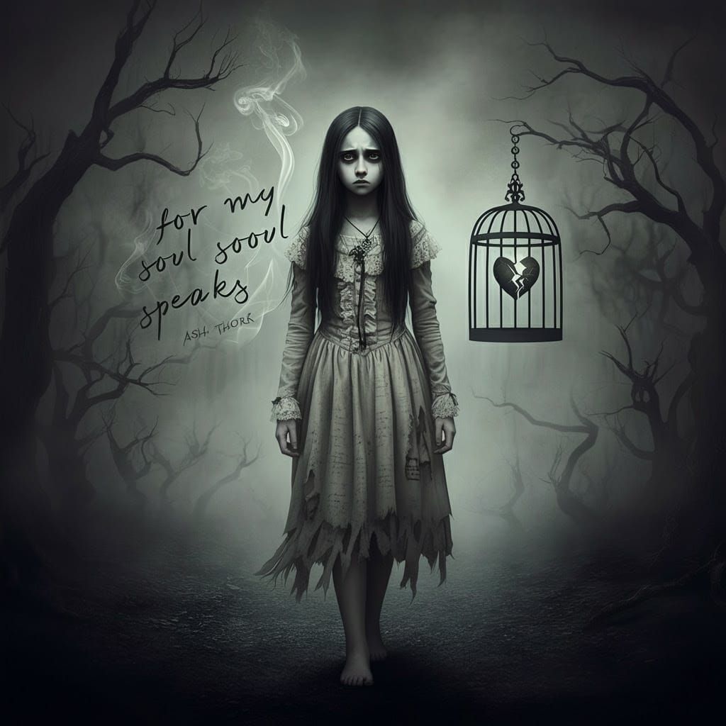 Gothic Monochrome Illustration of a Young Girl Trapped in a ...