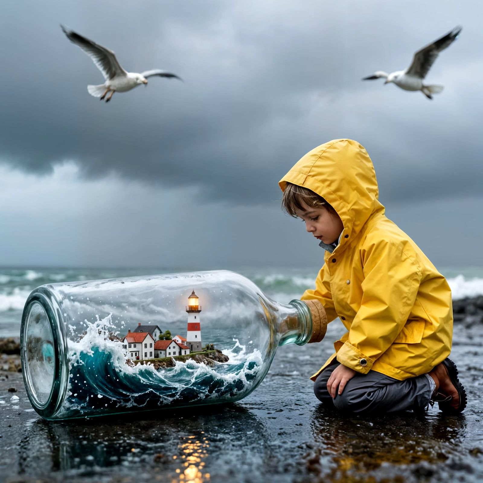 Child Discovers Miniature Coastal Village in Bottle