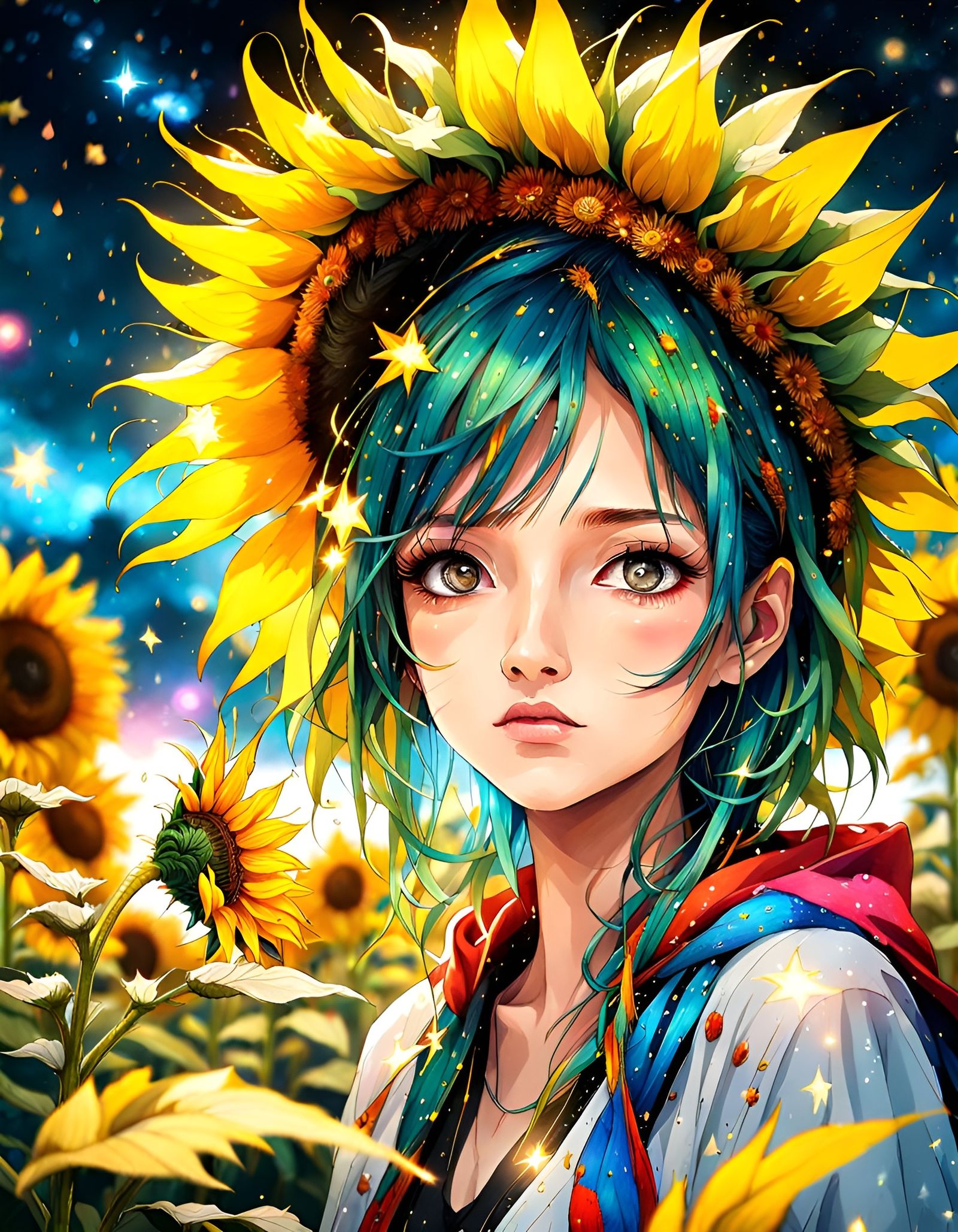 Vibrant Sunflower Field Explosion in Anime Style