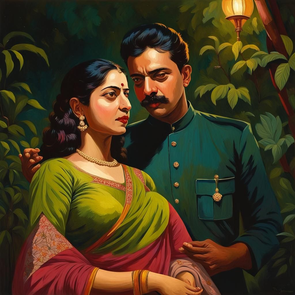 Lovers in a Garden: Ravivarma-Style Painting