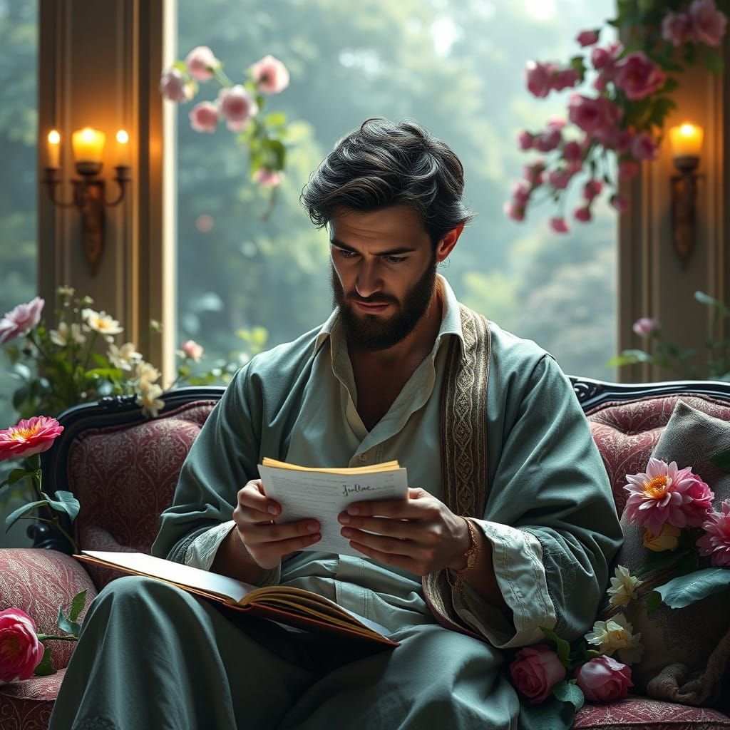 Royal Gentleman in Vivid Attire, Surrounded by Luxurious Mar...