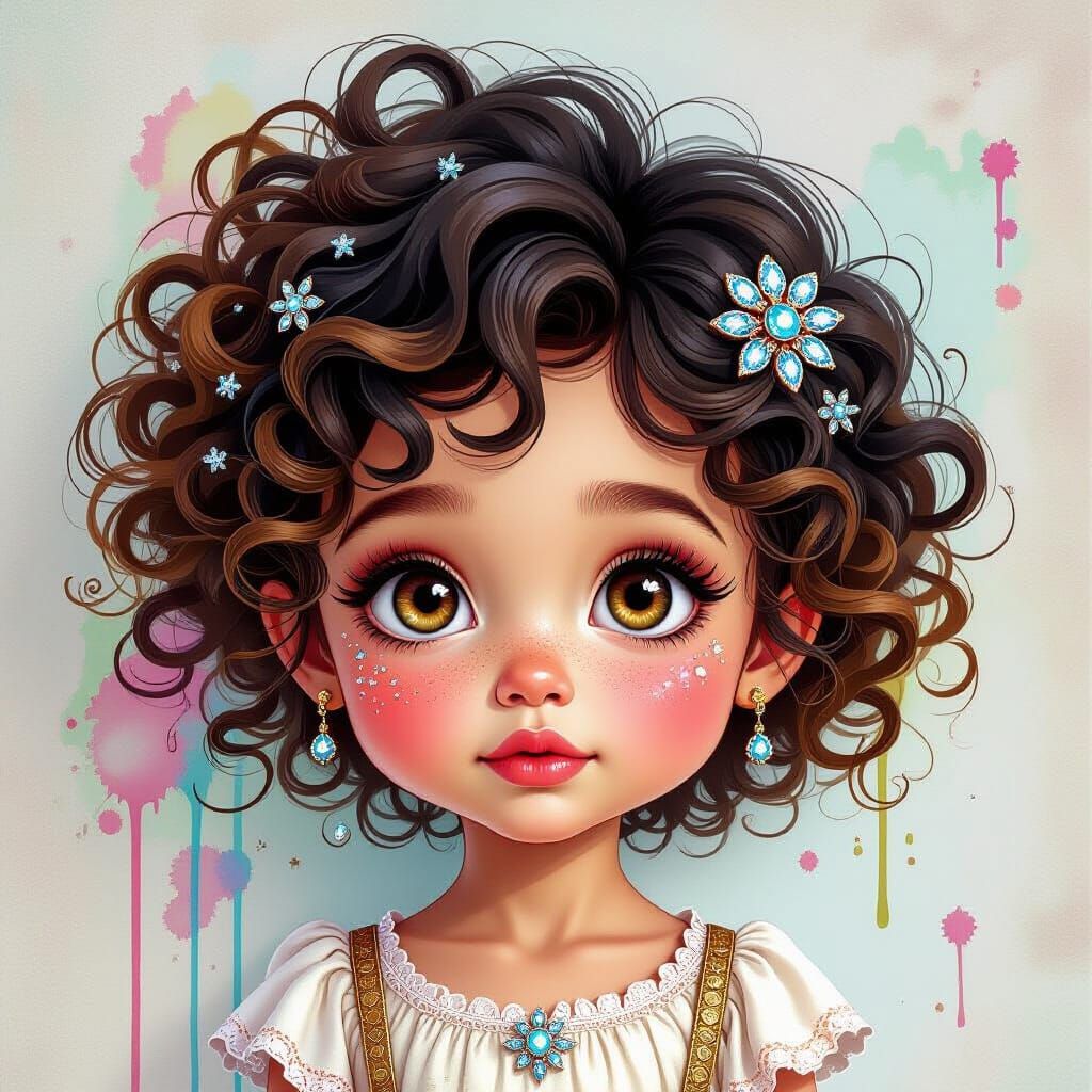 a very whimsical beautiful little girl with big hazel eyes, ...