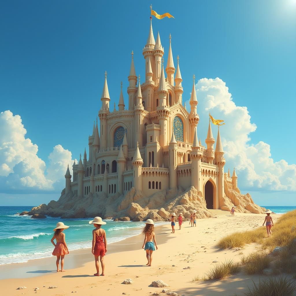 Children Build Sandcastle on Sunny Beach, Matte Painting