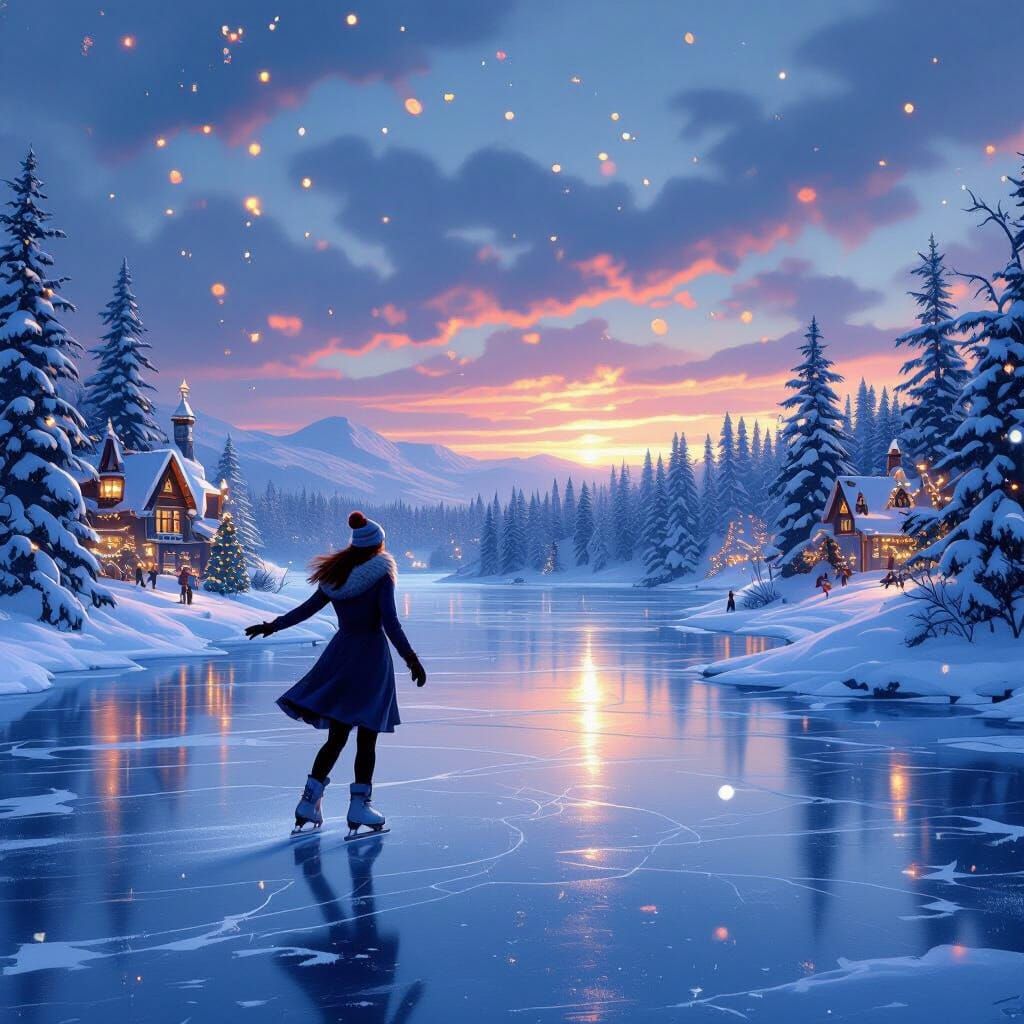 Christmas Ice Skating Scene in Detailed Matte Painting Style