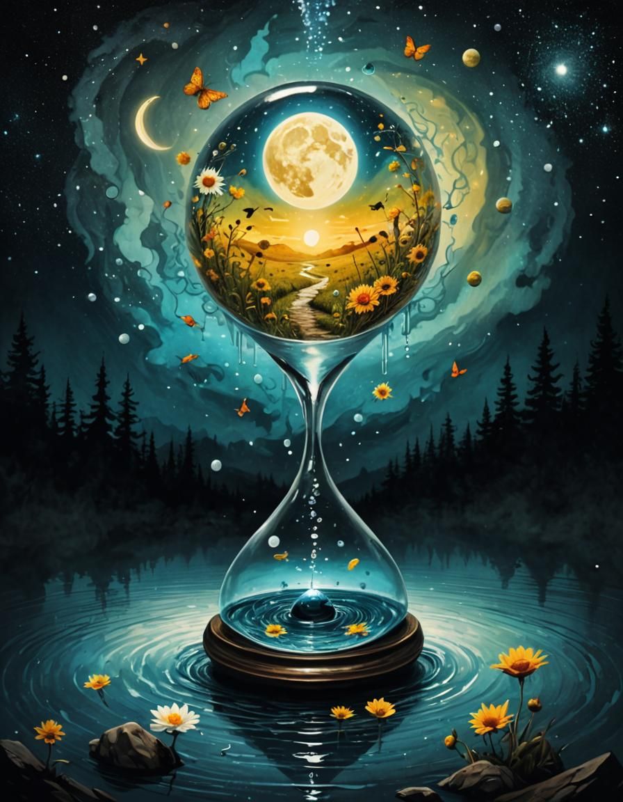 Surreal Yin Yang Hourglass in Watercolor Style