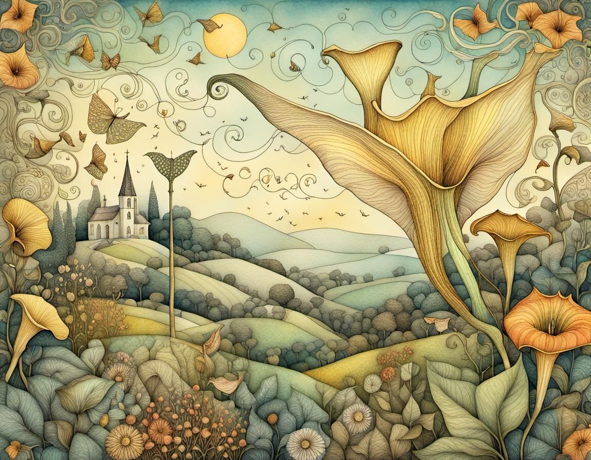 Whimsical Garden with Angel Trumpets in Folklore Style