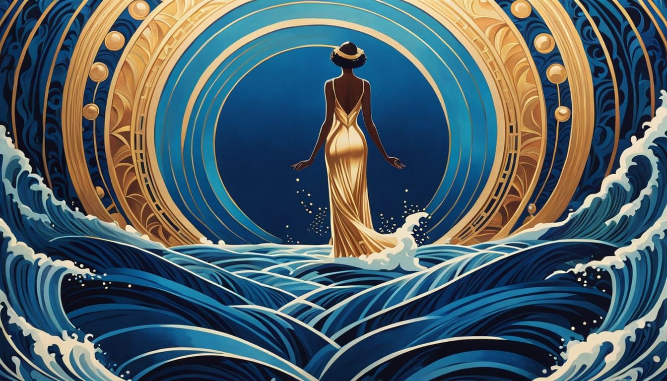 Harlem Renaissance Art Deco Figure Between Devil and Sea