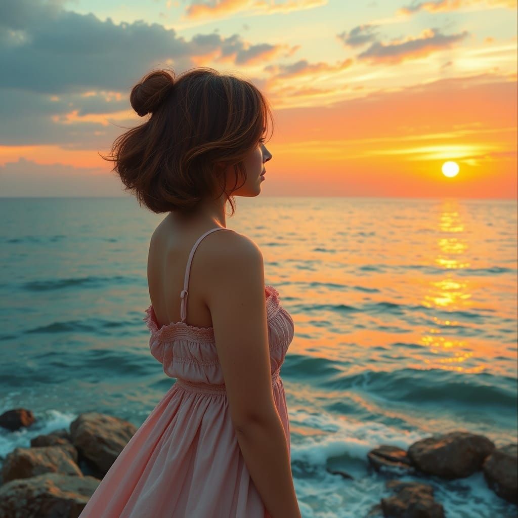 Beautiful Dark-Haired Woman in Stunning Sunset Seascape