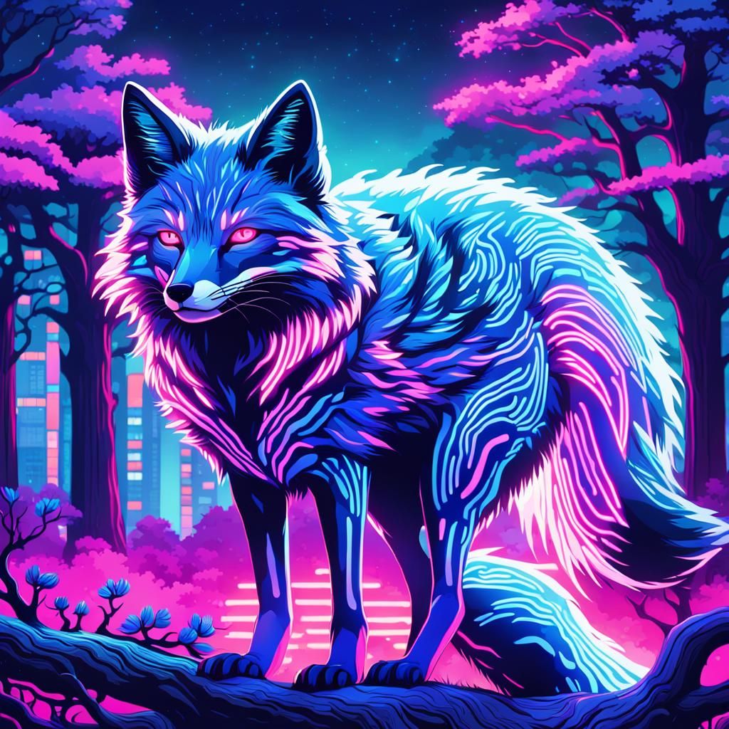 Synthwave Fox with Neon Stripes in Cyberpunk Style