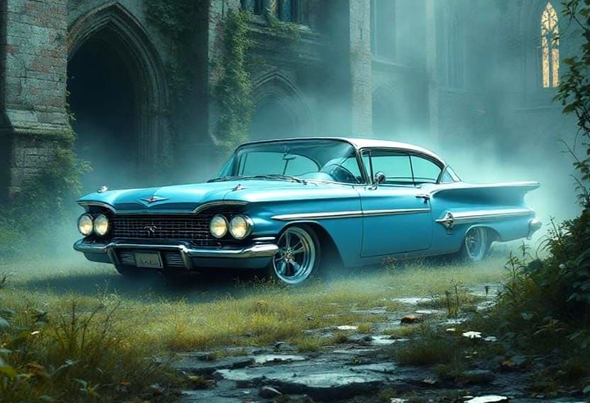 A 1960 baby blue chevrolet Impala.