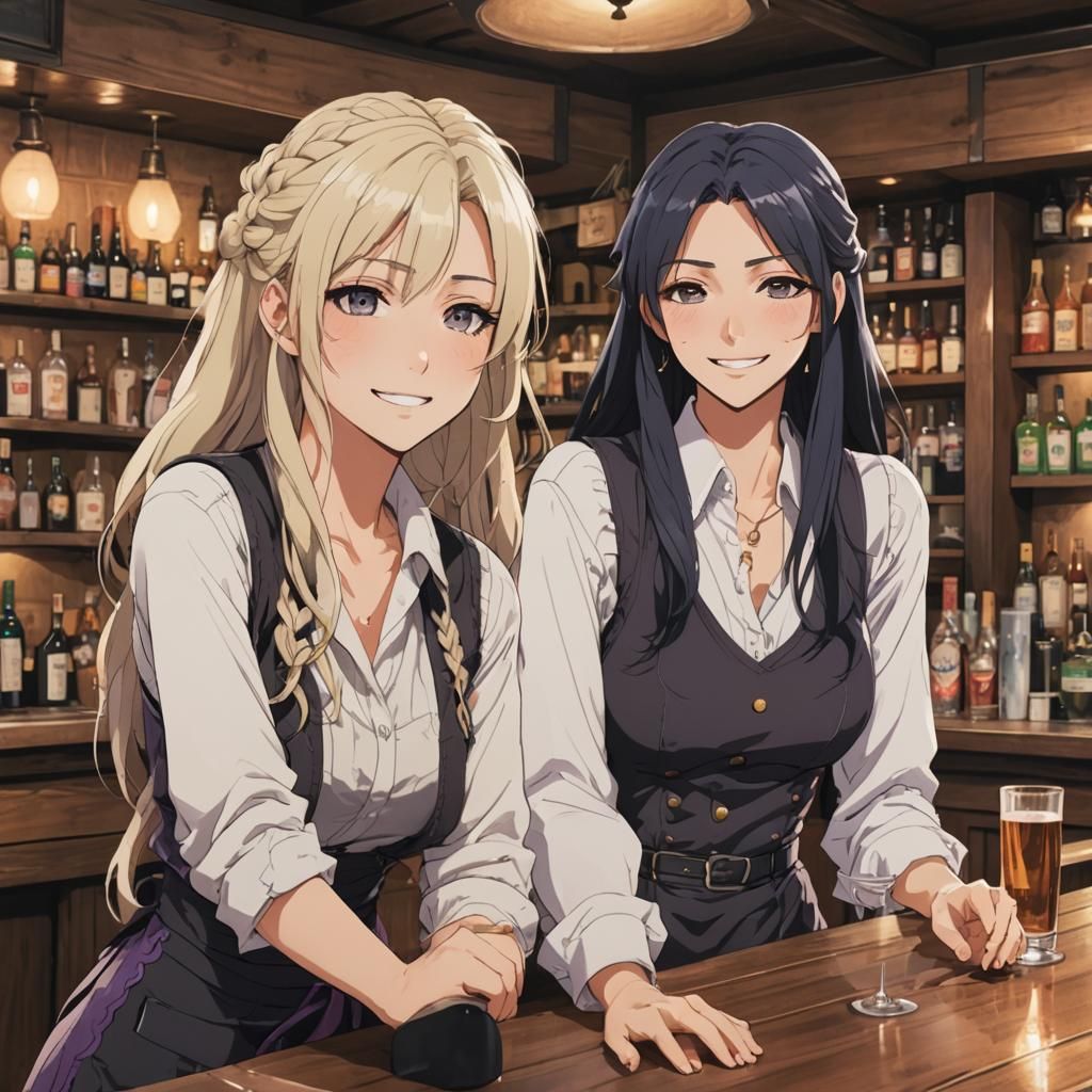Anime-Inspired Duo in Cozy Bar Setting