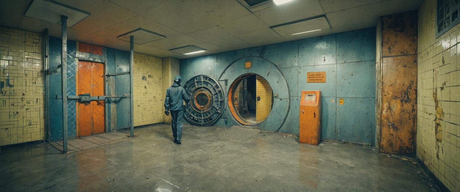Abandoned Bunker Interior with Metal Vault Door