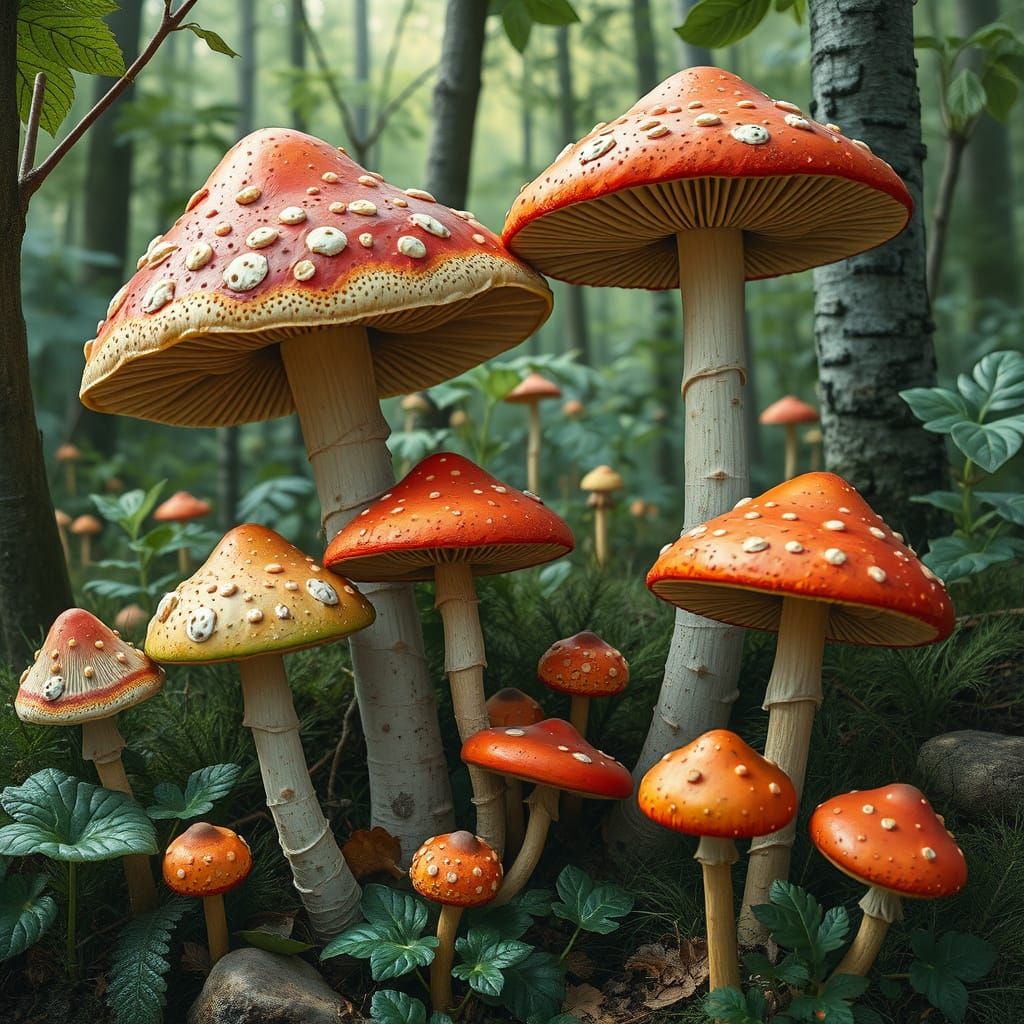 Whimsical Fungi Flourish in Lush Forest Landscape